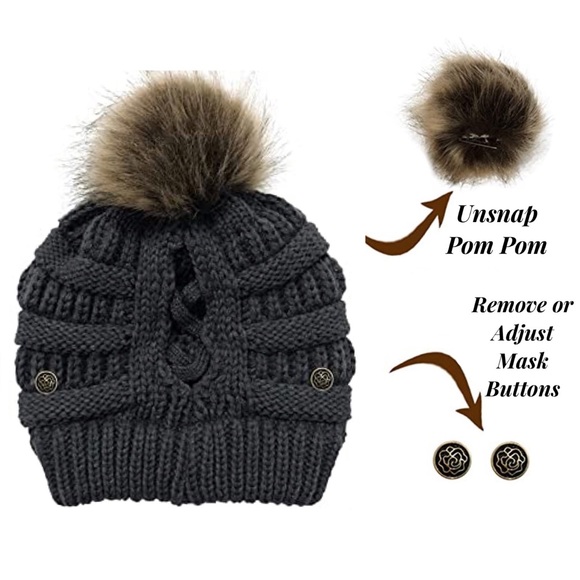 Dark Gray Knit Criss Cross Ponytail Pom Pom Beanie with Mask Buttons - Picture 5 of 15